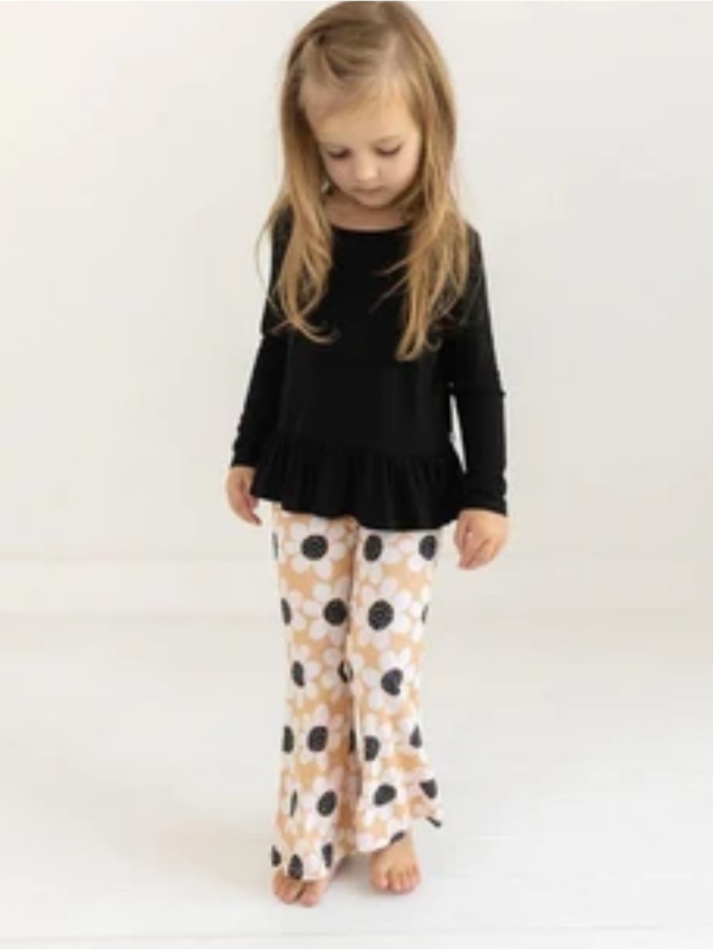 Posh Peanut Toddler Girl Black Top with Peach Daisy Flare Outfit Set